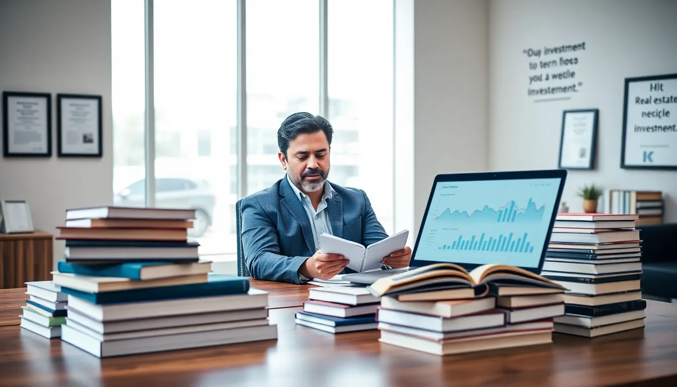 individual studying real estate investment books in a modern office.