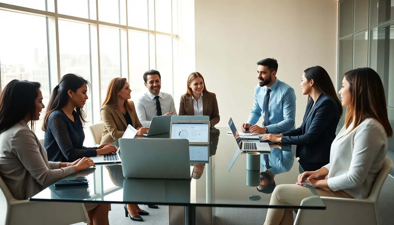 diverse professionals collaborating in a modern office setting.