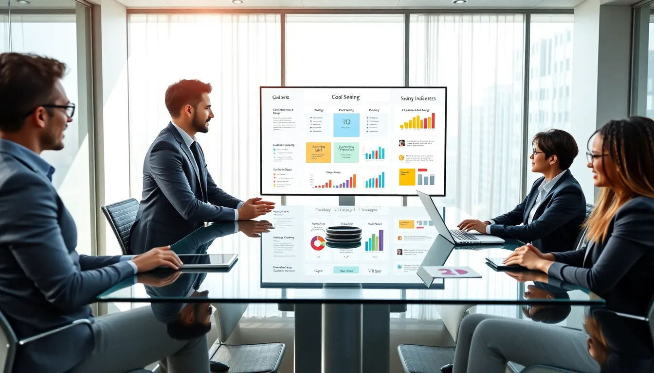 diverse team collaboratively discussing goal setting in a modern office.