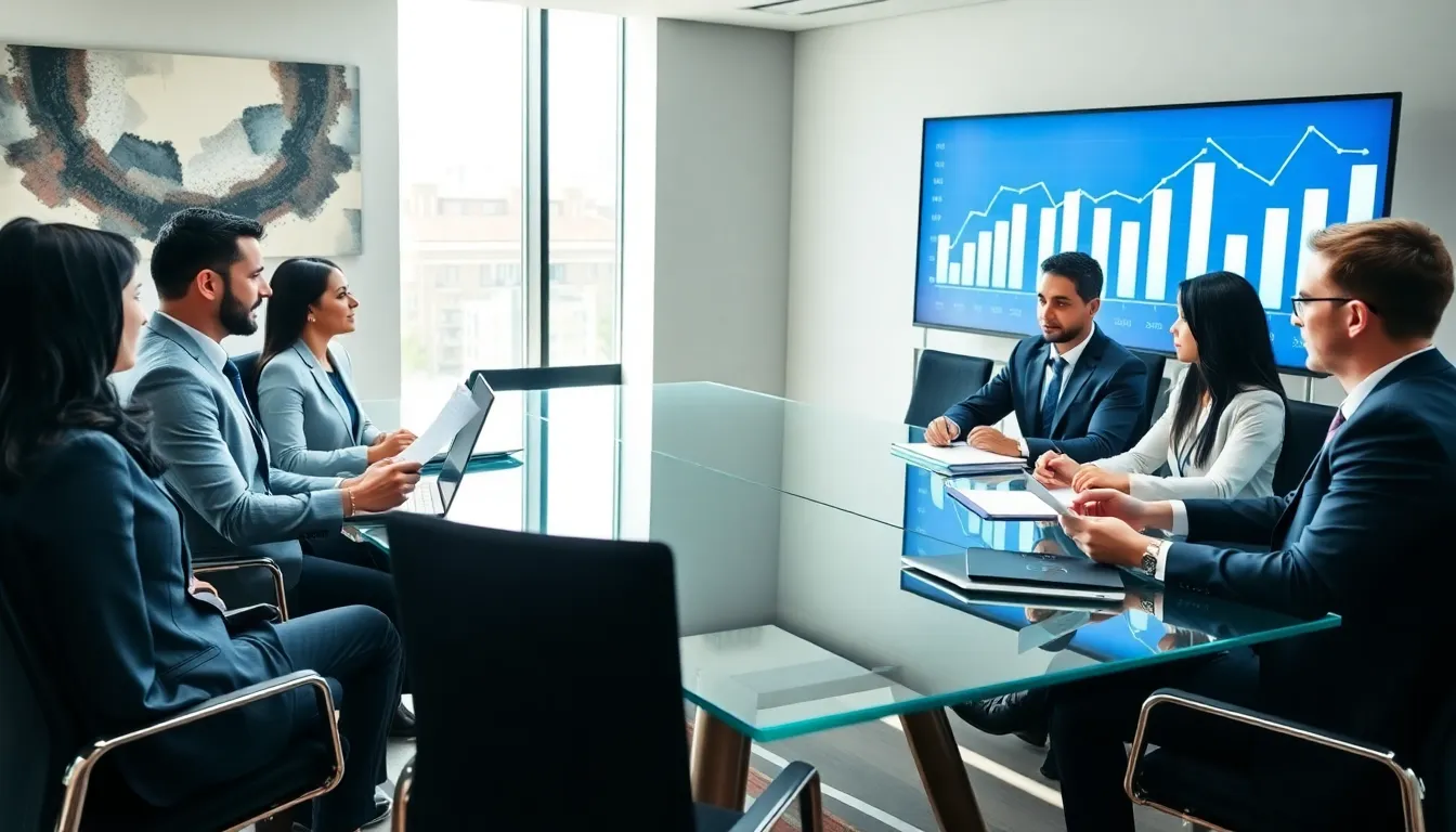 diverse investors collaborating in a modern office on real estate debt strategies.