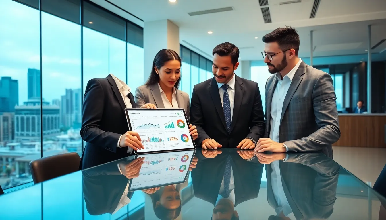 diverse real estate team discussing CRM tools in a modern office.