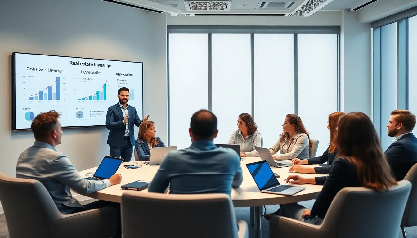 students engaged in a real estate investing class in a modern classroom.
