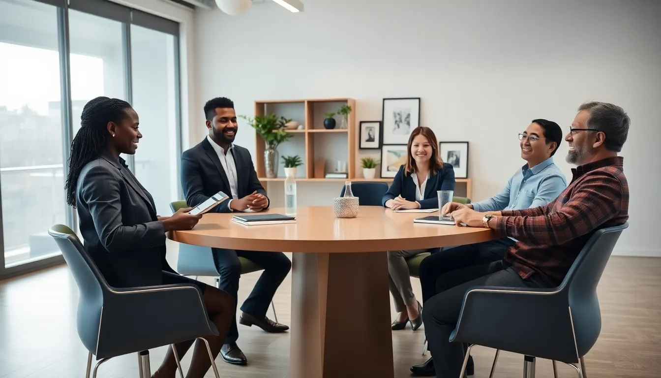 diverse professionals discussing work-life balance in a modern office setting.