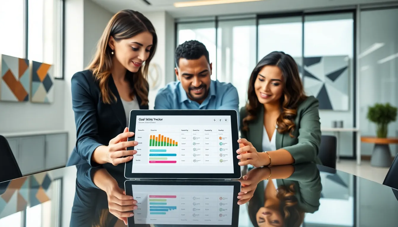 diverse team discussing a goal setting tracker in a modern office.