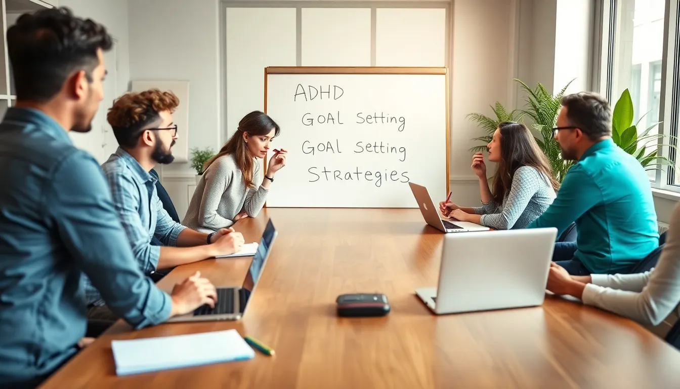diverse team collaborating on ADHD goal-setting strategies in a modern office.