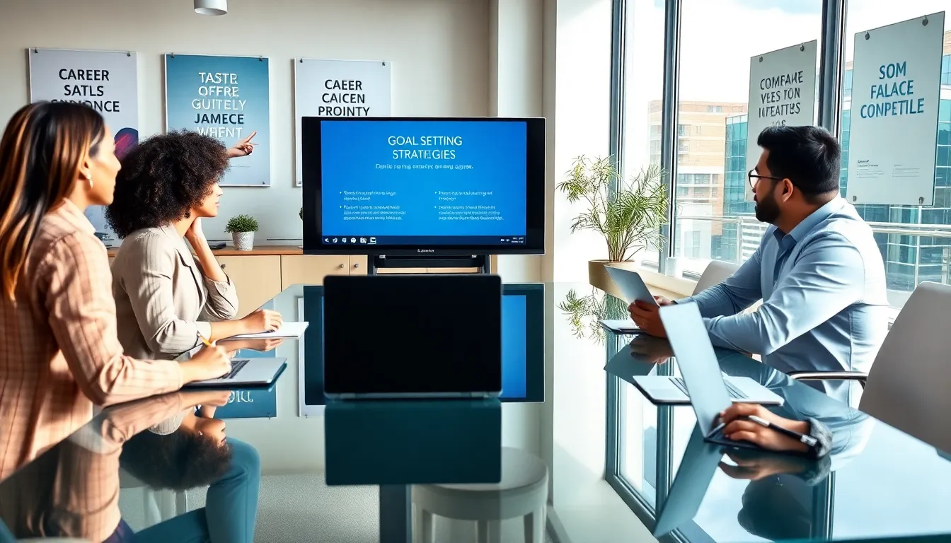 diverse professionals discussing job goals in a modern office