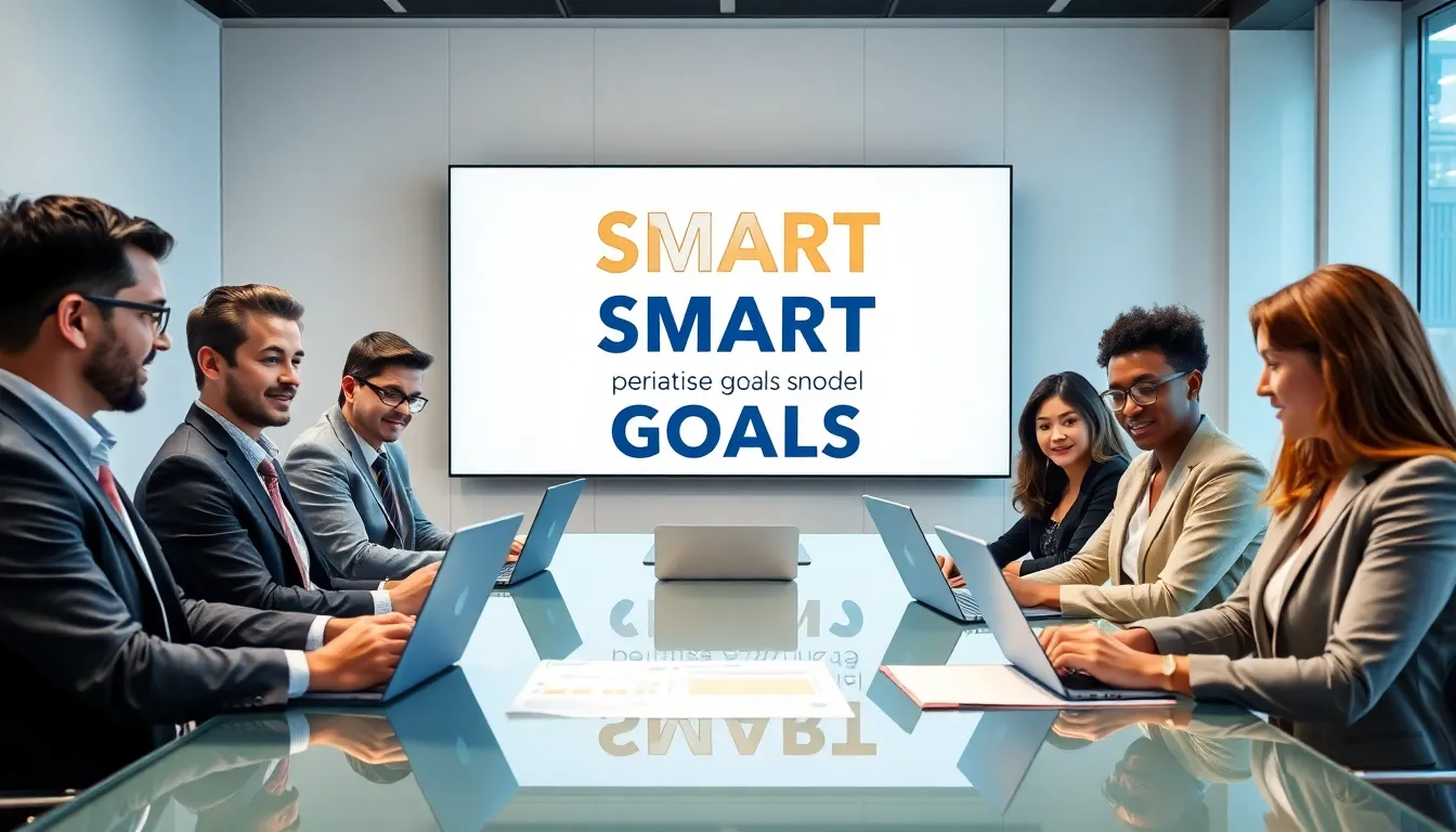 diverse team collaborating on SMART goals in a modern office.